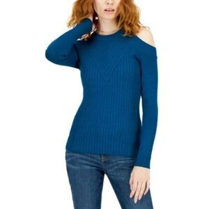 INC Women's S NWT Blue Cold Shoulder Ribbed Long Sleeve Scoop Neck Shimmer Top